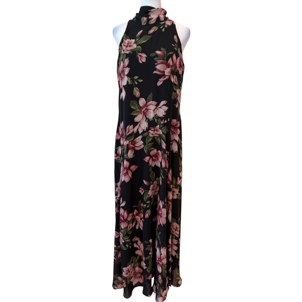 Rachel Zoe Black Pink Floral Magnolia High Neck Halter Maxi Dress Med NWOT